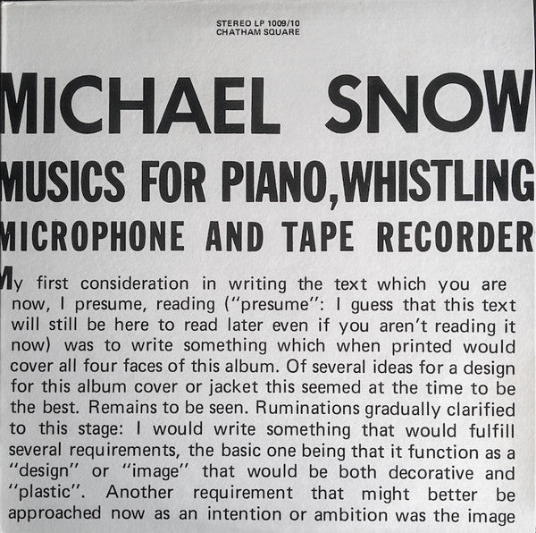 Michael Snow : Musics For Piano, Whistling, Microphone And Tape Recorder (2xLP, Album)