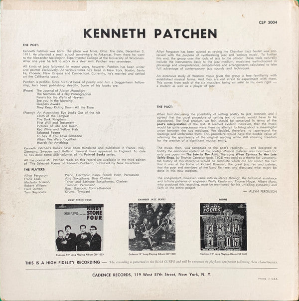 Kenneth Patchen with The Chamber Jazz Sextet* : Reads His Poetry with the Chamber Jazz Sextet (LP, Album, Mono)
