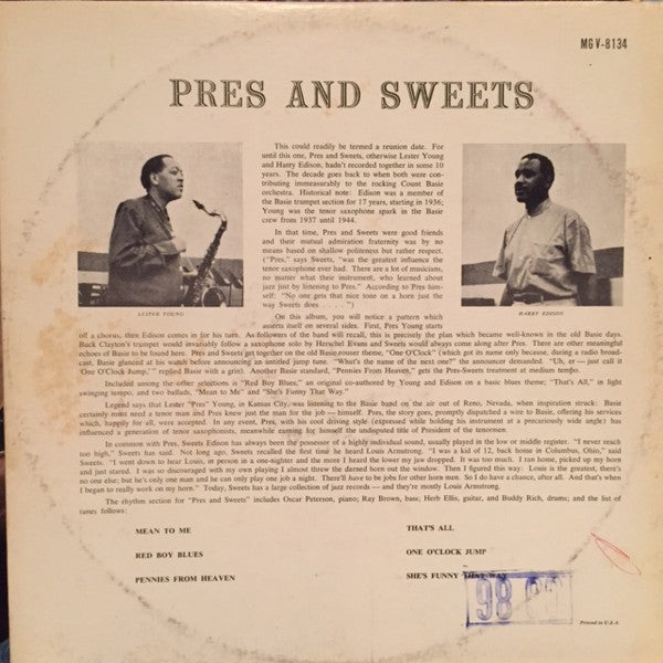Lester Young & Harry Edison : Pres & Sweets (LP, Album, Mono, RE)