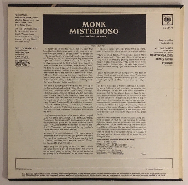 Thelonious Monk : Misterioso (Recorded On Tour) (LP, Mono)