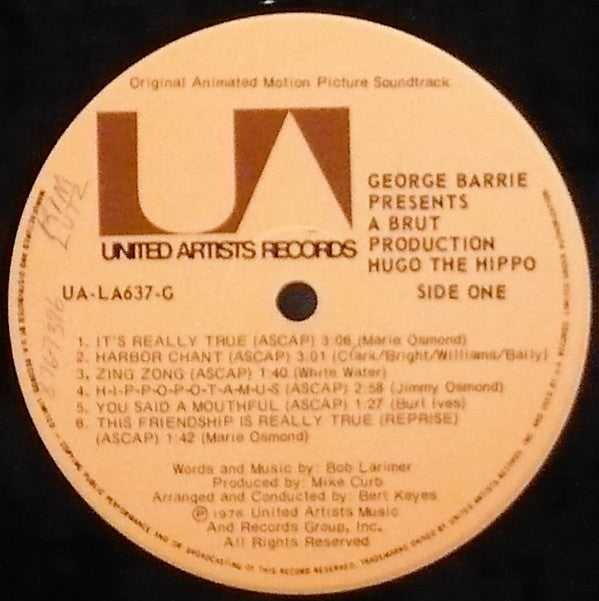 Marie Osmond And Jimmy Osmond And Burl Ives : Hugo The Hippo (Original Motion Picture Soundtrack) (LP, Album)