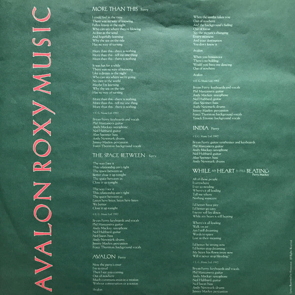 Roxy Music : Avalon (LP, Album, Pin)