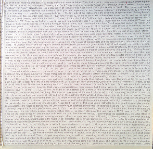 Michael Snow : Musics For Piano, Whistling, Microphone And Tape Recorder (2xLP, Album)