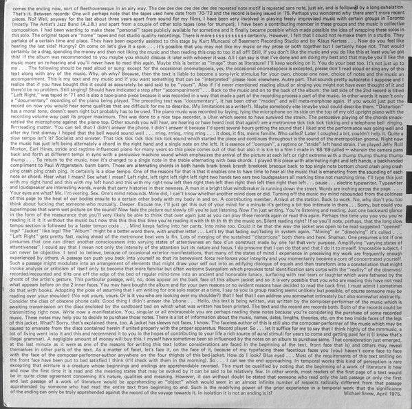 Michael Snow : Musics For Piano, Whistling, Microphone And Tape Recorder (2xLP, Album)