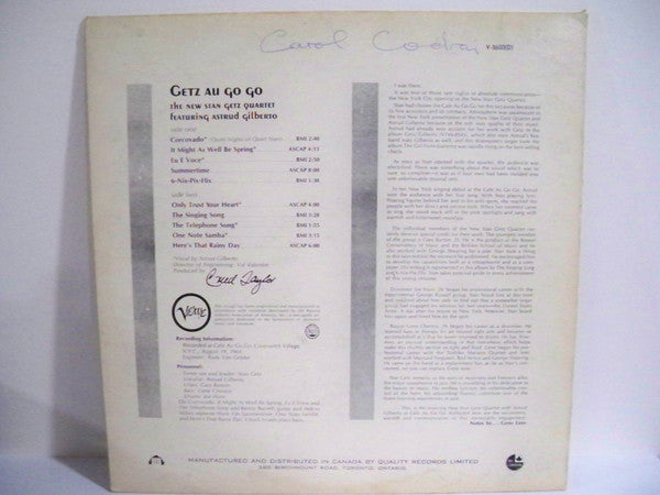 The New Stan Getz Quartet Featuring Astrud Gilberto : Getz Au Go Go (LP, Album)
