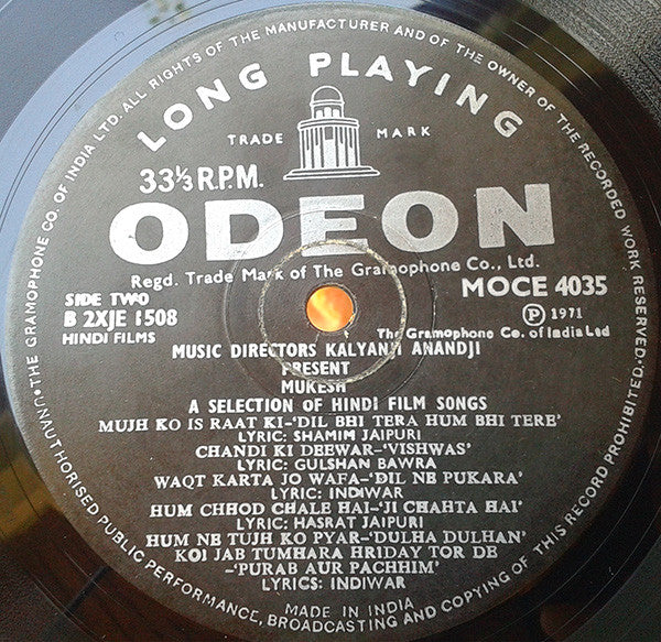 Kalyanji-Anandji Present Mukesh : A Selection Of Hindi Film Songs (LP, Comp, Mono)