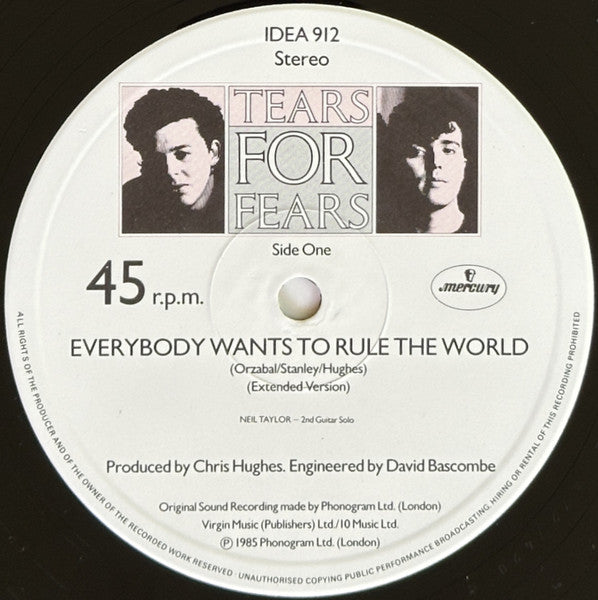 Tears For Fears : Everybody Wants To Rule The World (Extended Version) (12", Single)