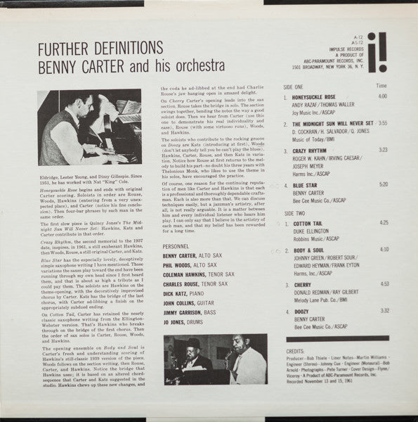 Benny Carter And His Orchestra : Further Definitions (LP, Album, RE, Gat)