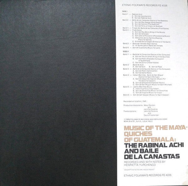 Henrietta Yurchenco : Music of the Maya-Quiches of Guatemala: The Rabinal Achi and Baile de la Canastas (LP, Album)
