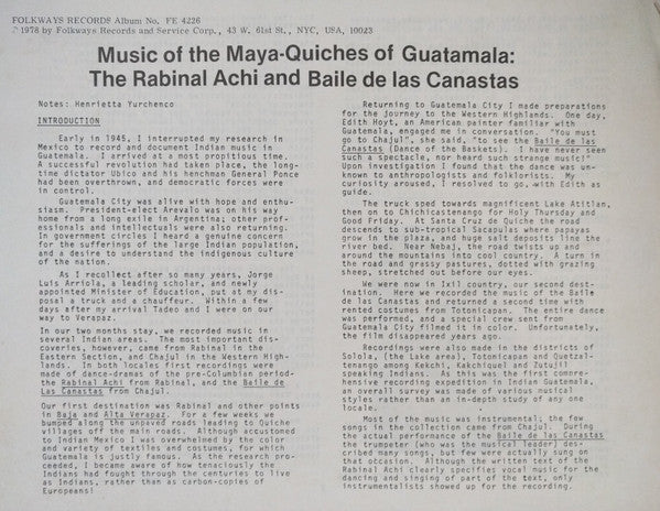 Henrietta Yurchenco : Music of the Maya-Quiches of Guatemala: The Rabinal Achi and Baile de la Canastas (LP, Album)