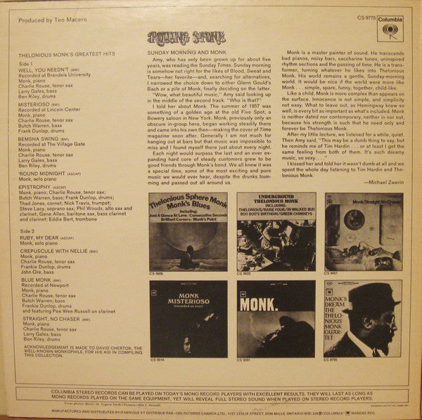 Thelonious Monk : Monk's Greatest Hits (LP, Comp, RE)