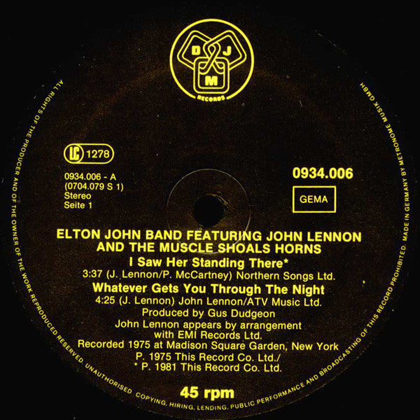 Elton John Band Featuring John Lennon And Muscle Shoals Horns : I Saw Her Standing There (12", Single)