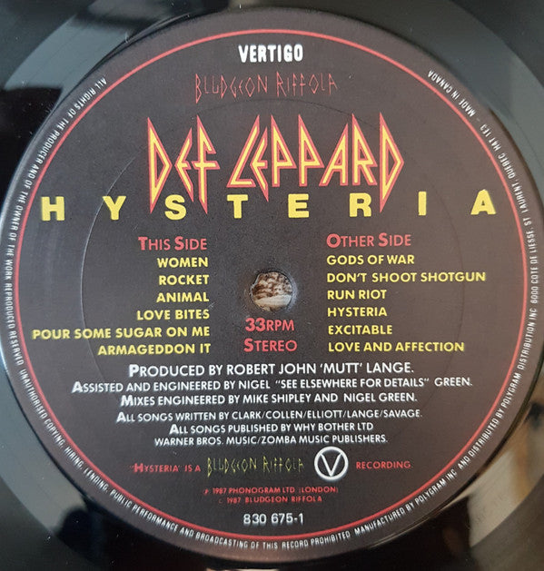 Def Leppard : Hysteria (LP, Album, Don)