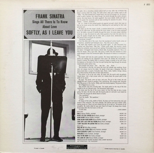 Frank Sinatra : Softly, As I Leave You (LP, Album, Mono, Blu)