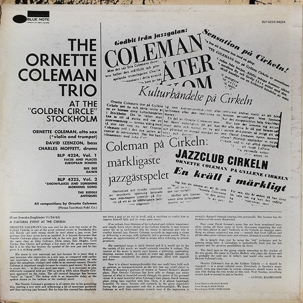 The Ornette Coleman Trio : At The "Golden Circle" Stockholm (Volume One) (LP, Album)
