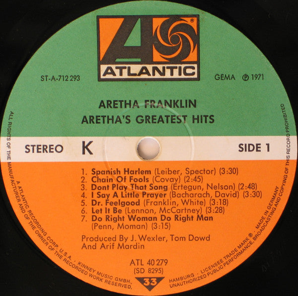 Aretha Franklin : Aretha's Greatest Hits (LP, Comp, RE)