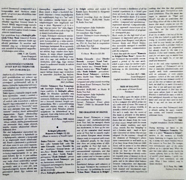 Tickmayer Formatio : Boldogító Pillanatok • Moments To Delight (Music In Memory Of Kassàk Lajos) / Urban Music (LP, Album)