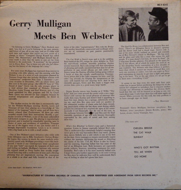 Gerry Mulligan, Ben Webster : Gerry Mulligan Meets Ben Webster (LP, Album, Mono)