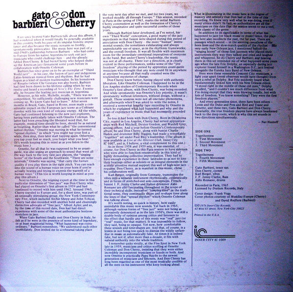 Gato Barbieri & Don Cherry : Gato Barbieri & Don Cherry (LP, Album, RE)