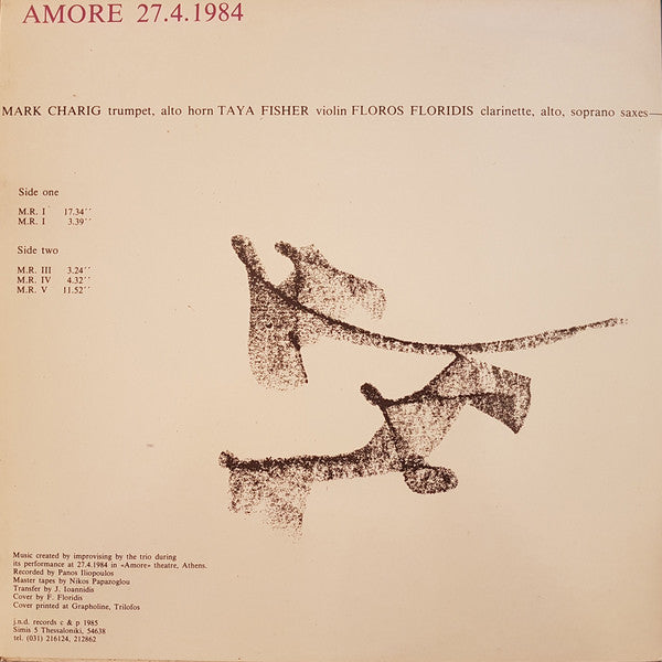 Mark Charig, Taya Fisher, Floros Floridis : Amore (LP, Album)