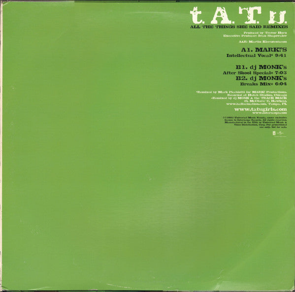 t.A.T.u. : All The Things She Said (Remixes) (12", Promo)