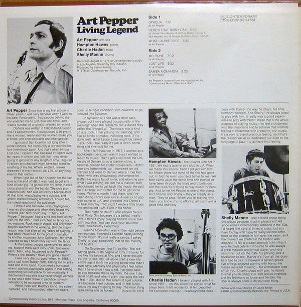Art Pepper : Living Legend (LP, Album)