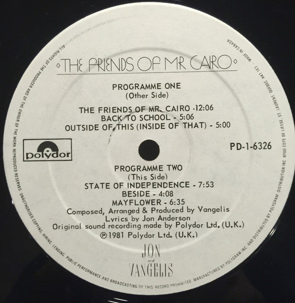 Jon & Vangelis : The Friends Of Mr Cairo (LP, Album)
