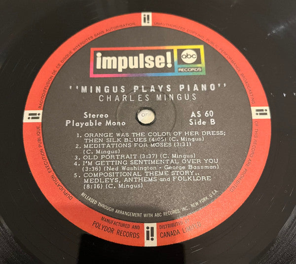 Charles Mingus : Mingus Plays Piano (Spontaneous Compositions And Improvisations) (LP, Album, Mono)