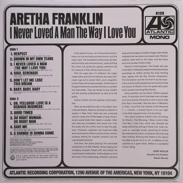 Aretha Franklin : I Never Loved A Man The Way I Love You (LP, Album, Mono, RE, 180)