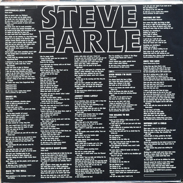 Steve Earle : Copperhead Road (LP, Album, Club, Col)