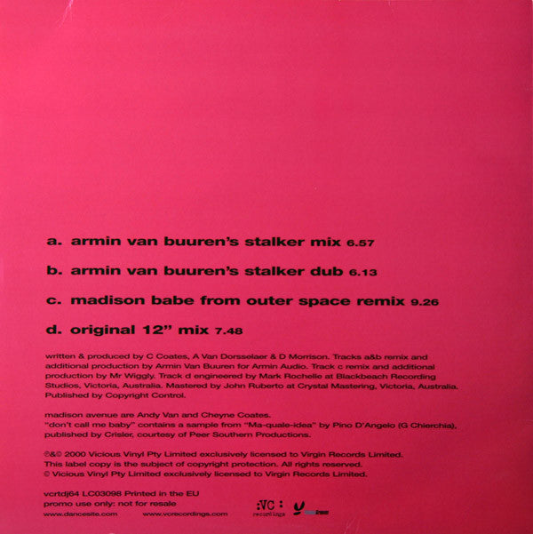 Madison Avenue : Don't Call Me Baby (Remixes) (2x12", Promo)