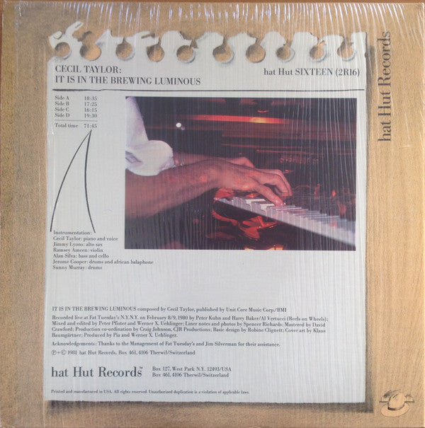 Cecil Taylor : It Is In The Brewing Luminous (2xLP, Album)
