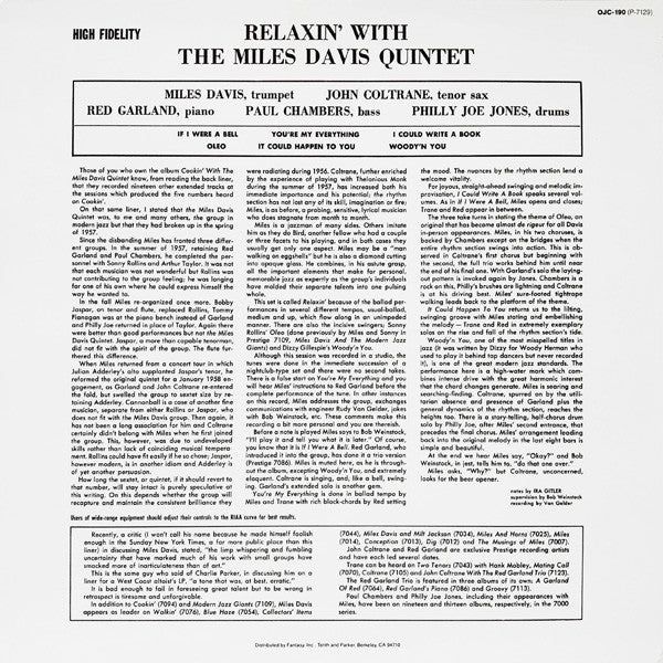 The Miles Davis Quintet : Relaxin' With The Miles Davis Quintet (LP, Album, Mono, RE)