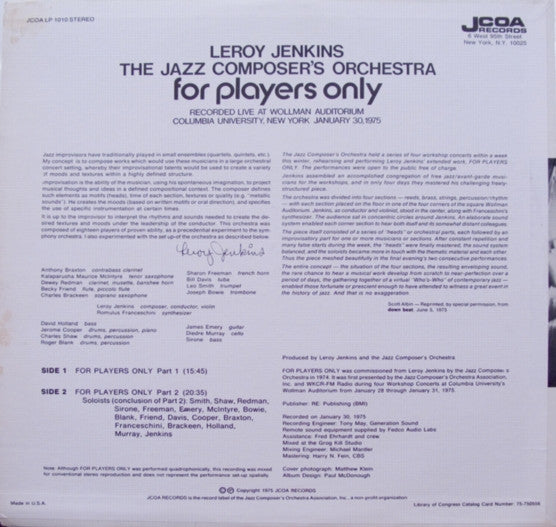 Leroy Jenkins, The Jazz Composer's Orchestra : For Players Only (LP, Album)