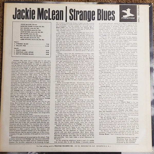 Jackie McLean : Strange Blues (LP, Album, Mono, RE, RM)