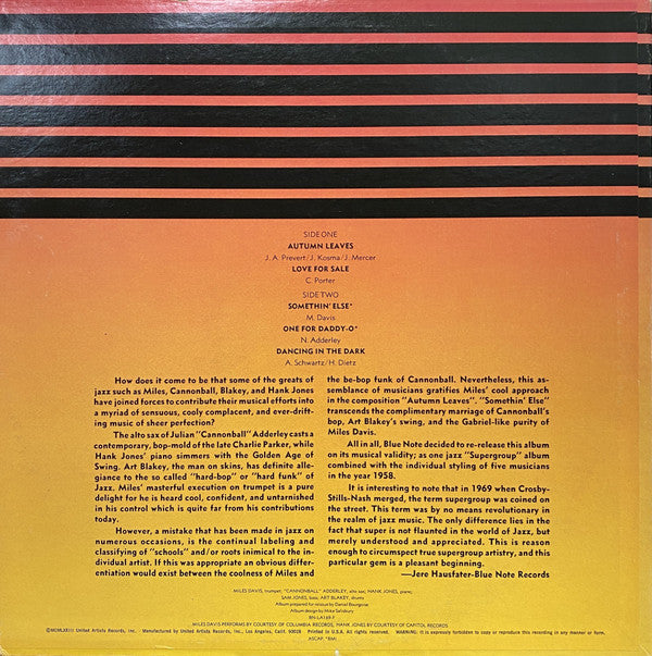 Cannonball Adderley With Miles Davis, Sam Jones, Hank Jones, Art Blakey : Somethin' Else (LP, Album, RE, Ter)