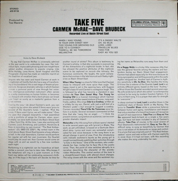 Carmen McRae - Dave Brubeck : Take Five (Recorded Live At Basin Street East) (LP, Album, RE)