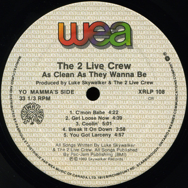 The 2 Live Crew : As Clean As They Wanna Be (LP, Album)