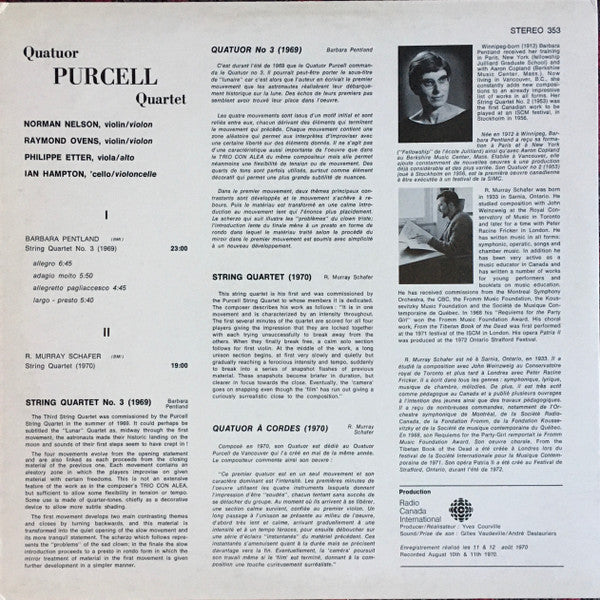 Purcell String Quartet, Barbara Pentland, R. Murray Schafer : Quatuor Purcell Quartet (LP, RE)