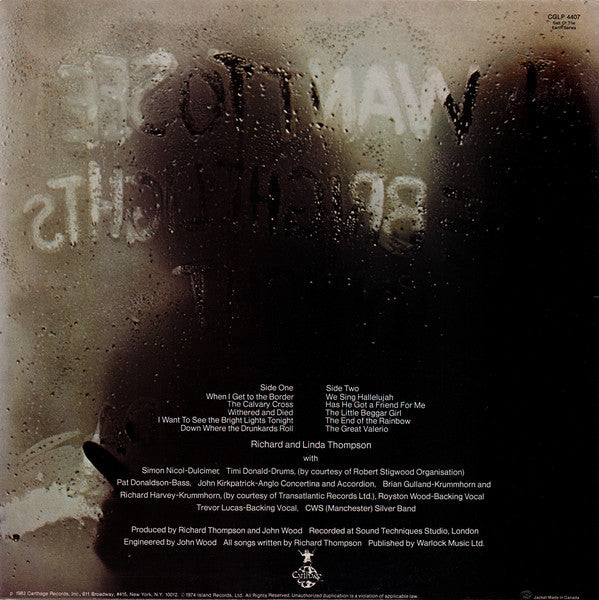 Richard & Linda Thompson : I Want To See The Bright Lights Tonight (LP, Album, RE)