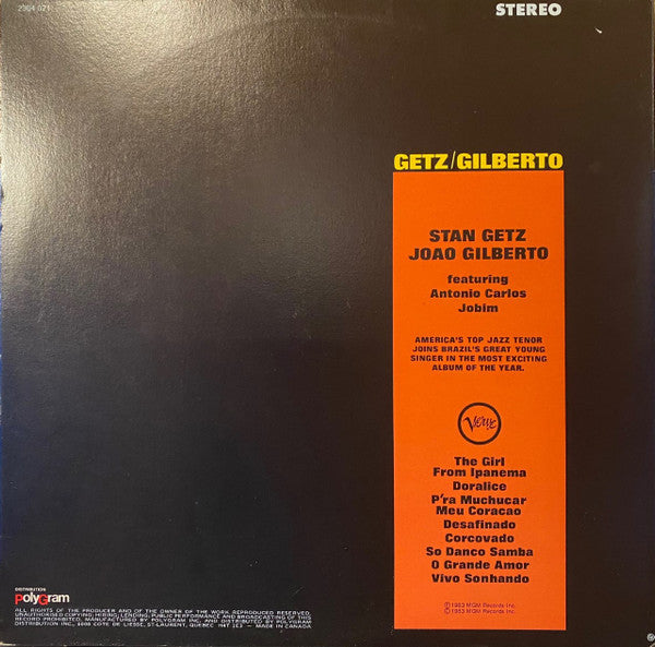 Stan Getz / João Gilberto Featuring Antonio Carlos Jobim : Getz / Gilberto (LP, Album, Gat)