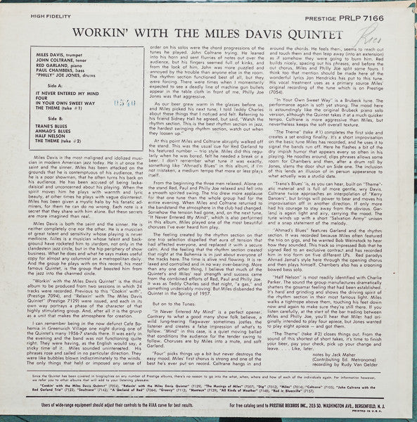 The Miles Davis Quintet : Workin' With The Miles Davis Quintet (LP, Album, Mono, Dee)