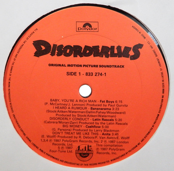 Various : Disorderlies: Original Motion Picture Soundtrack (LP)
