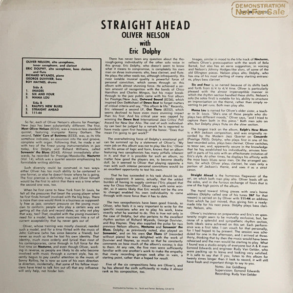 Oliver Nelson With Eric Dolphy : Straight Ahead (LP, Album, RE)