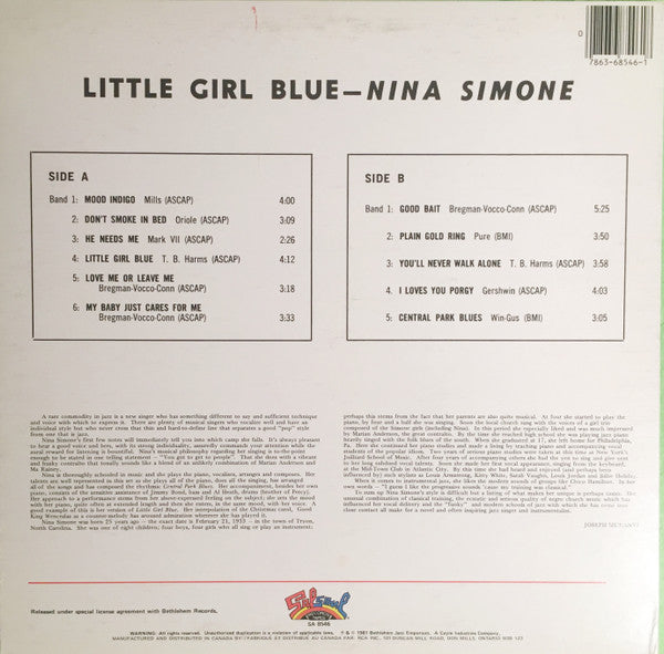 Nina Simone : Little Girl Blue (LP, Album, RE)