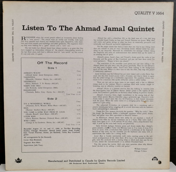 The Ahmad Jamal Quintet : Listen to the Ahmad Jamal Quintet (LP, Album, Mono)