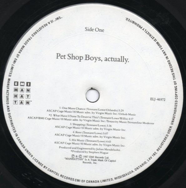 Pet Shop Boys : Actually (LP, Album)