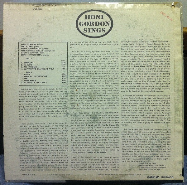 Honi Gordon : Honi Gordon Sings (LP, Mono)