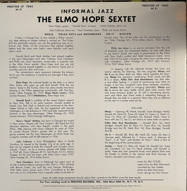 Elmo Hope Sextet : Informal Jazz (LP, Album, Mono, Ltd, RE, RP, 200)