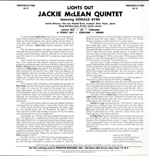 Jackie McLean Quintet With Donald Byrd And Elmo Hope : Lights Out! (LP, Album, Mono, Ltd, RE, RP, 200)